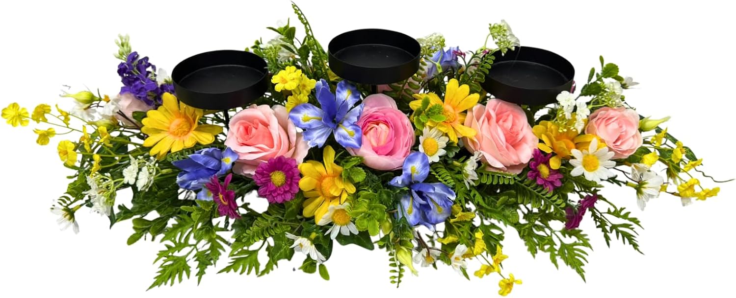 24" Spring Summer Floral Candle Holder Centerpiece for Table Decor | Triple Candle Cups with Pink Roses, Blue Iris-Style Flowers, Daisies and Fern Leaves for Spring Summer Decor