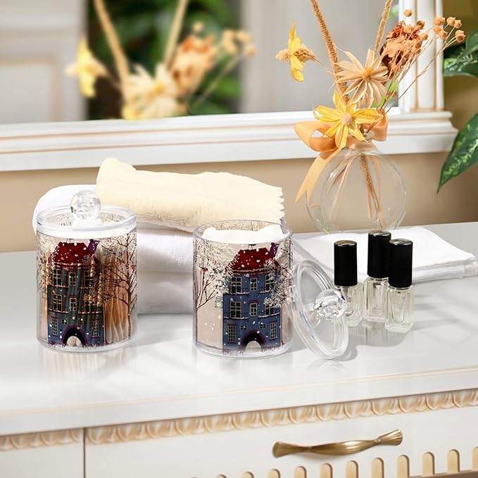 Christmas Winter Qtip Holder Dispenser 4 Pack Snowmen Snow Courtyard with Trees Apothecary Jars with Lids Bathroom Vanity Countertop Canister Storage Organizer for Cotton Ball,Swabs,Pads,Floss