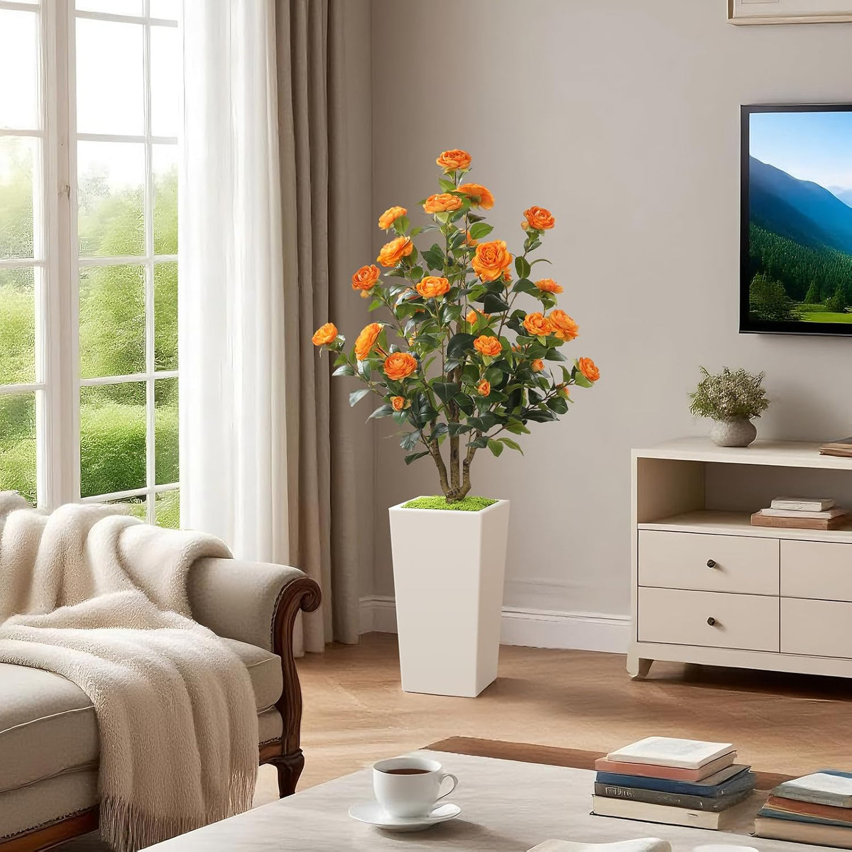 Romantic Season 4FT Artificial Camellia Tree with White Tall Planter, Orange ...