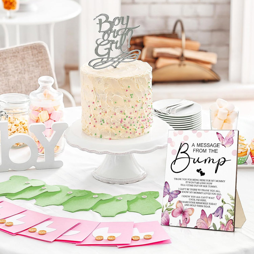 Roowest Cool Baby Shower Tabletop Decoration a Message from the Bump Wooden Baby Shower Games Sign Greenery Cute Gender Reveal Party Thank You Sign, 11.2 x 8.66 Inches(Butterfly)