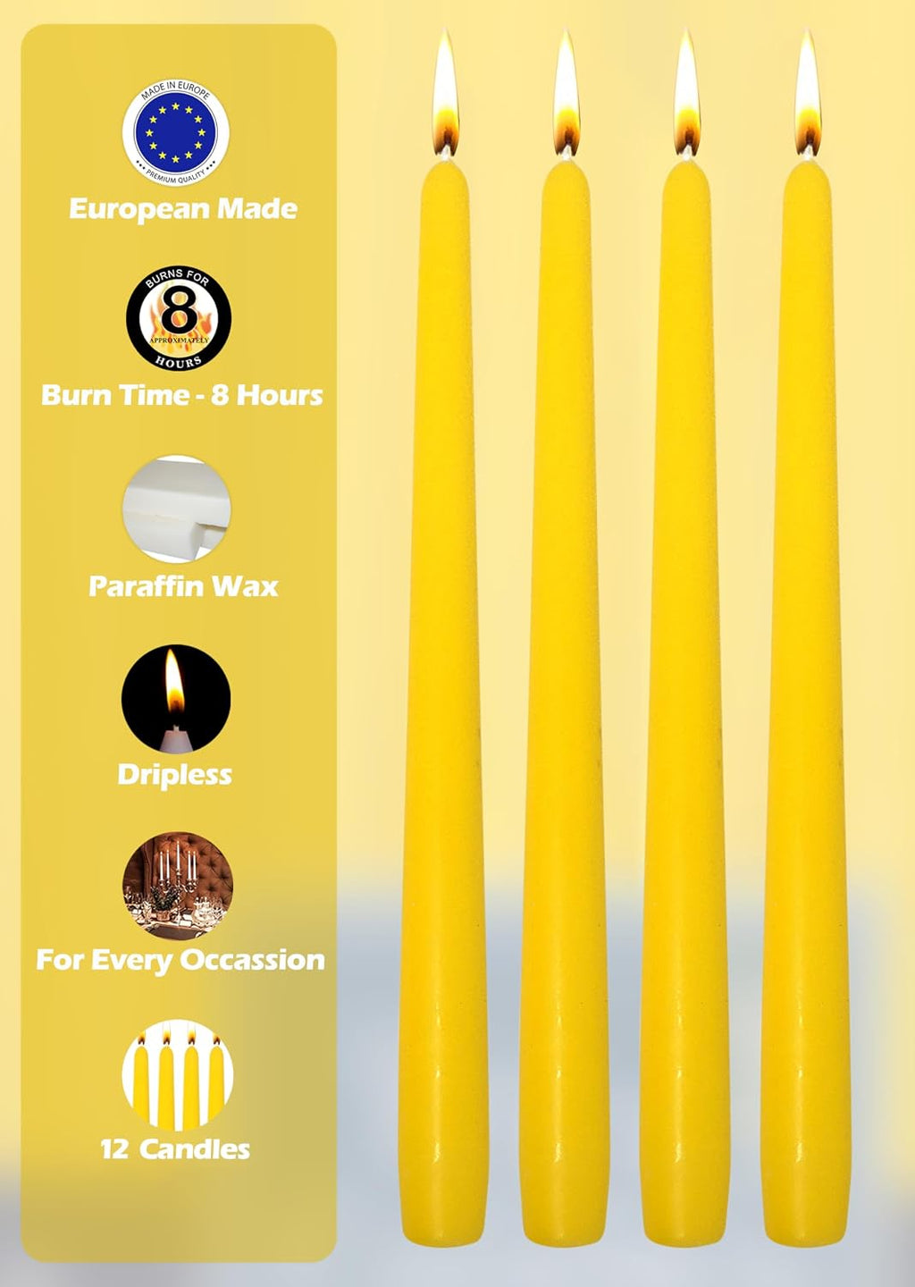 Hyoola Tall Taper Candles - 10 Inch Yellow Unscented Dripless Taper Candles - 8 Hour Burn Time - 12 Pack