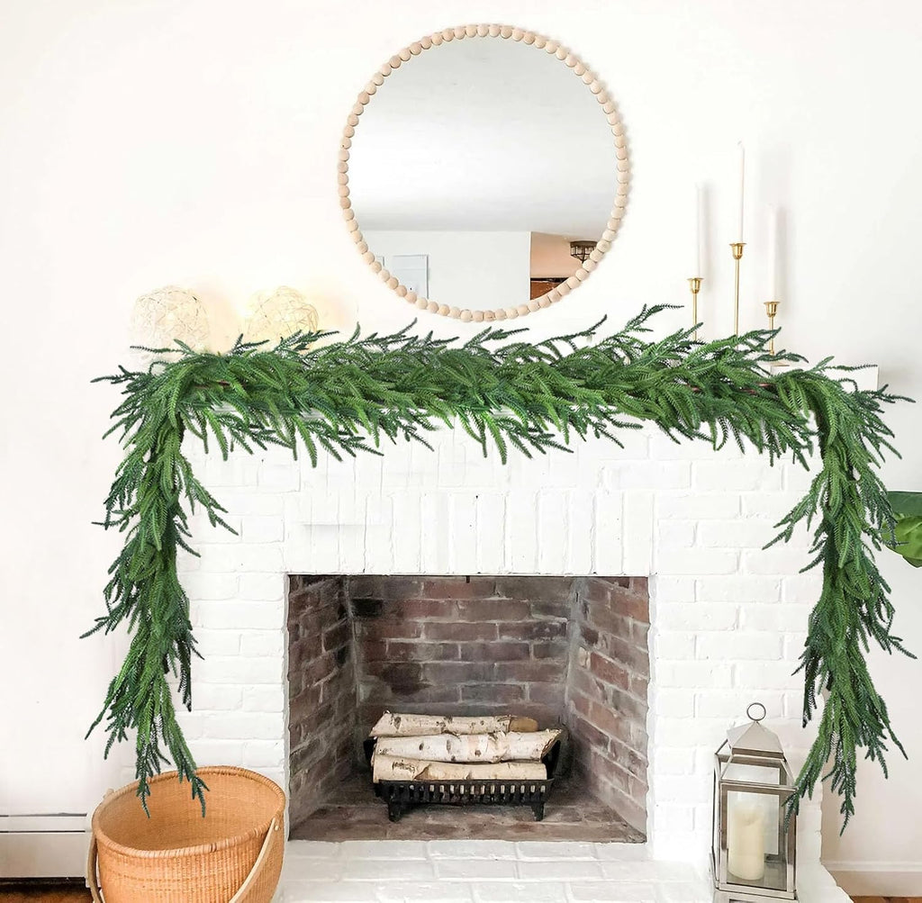 christmas norfolk pine garlands, realistic artificial faux greenery shown in use