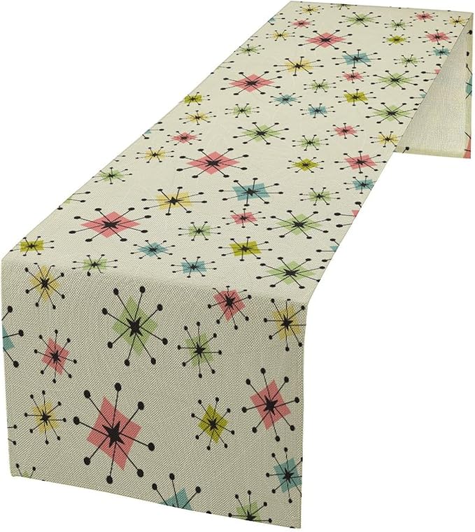 Mid Century Table Runner, Flag Retro Atomic Starburst 1950s Abstract Geometric Space Tabletop Decoration for Home Kitchen Restaurant Table Flag 13x120 Inch