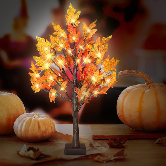 24 Inch Fall Lighted Maple Tree, 2FT Fall Tree with 36 LEDs, 6 Acorns, Timer Battery Operated, Thanksgiving Decorations Table Lights Tree for Autumn Wedding Party Gift Harvest Home