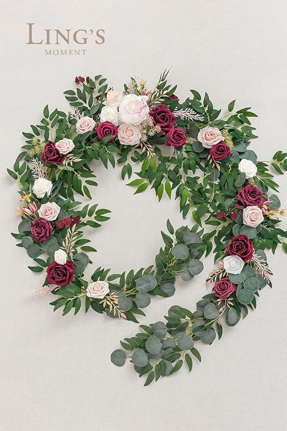 Ling's Moment 9FT Spring Flower Garland - Wedding Arch Flowers, Eucalyptus & Rose, Artificial Floral Garland for Mantle - Sweetheart Table Decor for Reception, Backdrop Decorations, Marsala