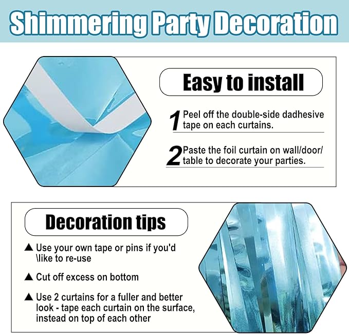 6 Pack Light Blue Foil Fringe Curtain Backdrop, 3.28Ft x 8.2Ft Metallic Tinsel Foil Fringe Streamer Curtains for Photo Booth,Birthday, Christmas Day, New Year, Wedding Party Decorations