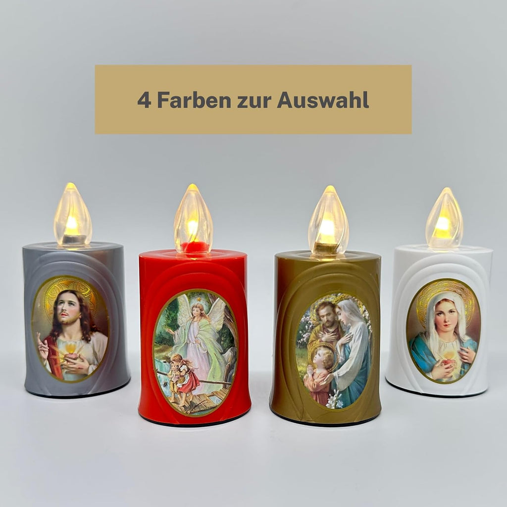 LED Votive Candle Memorial Light – Flickering Effect Like a Real Candle – Long Burning time up to 120 Days – Reusable Cemetery Remembrance Eternal Candle – RED – Mixed Saints Sticker Set