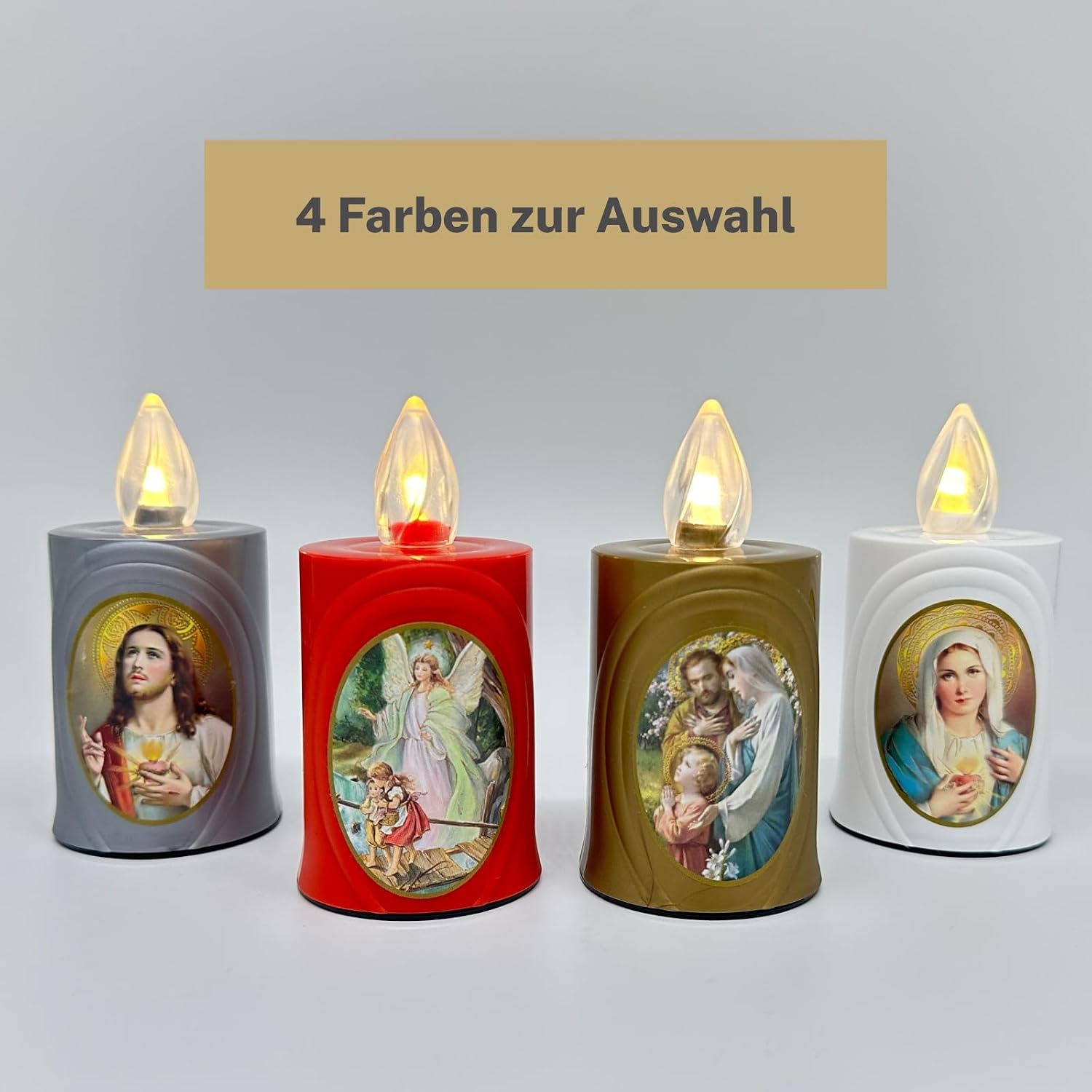 LED Votive Candle Memorial Light – Flickering Effect Like a Real Candle – Long Burning time up to 120 Days – Reusable Cemetery Remembrance Eternal Candle – RED – Mixed Saints Sticker Set