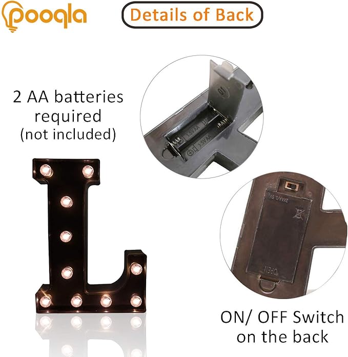 Pooqla Decorative LED Illuminated Letter Marquee Sign - Alphabet Marquee Letters with Lights for Wedding Birthday Party Christmas Night Light Lamp Home Bar Decoration L, Black
