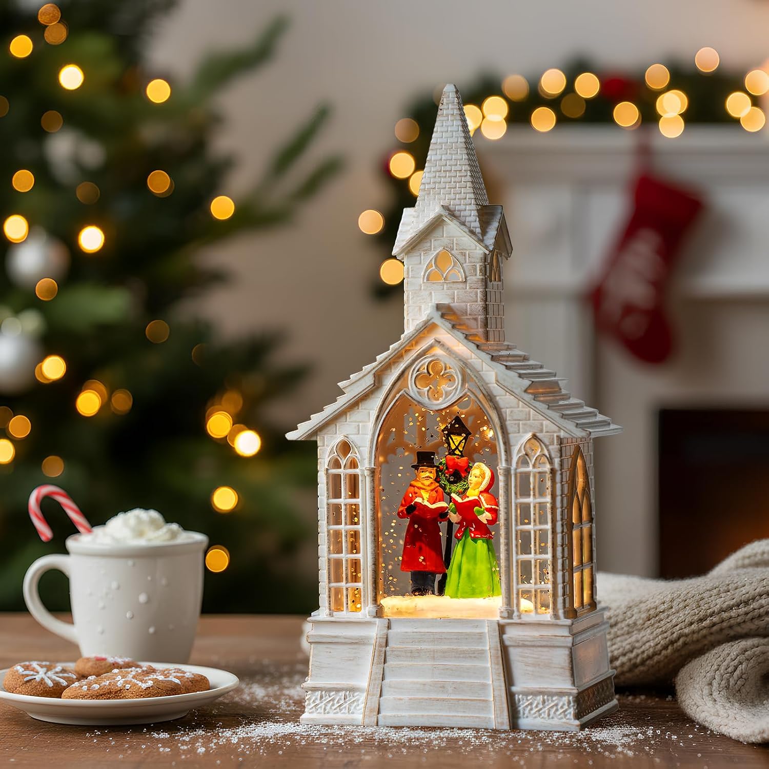 Christmas Snow Globe Lantern Musical Carolers Lighted Water Church, USB Lined/Battery Operated Lighted Lantern for Christmas Festival Decoration Gifts