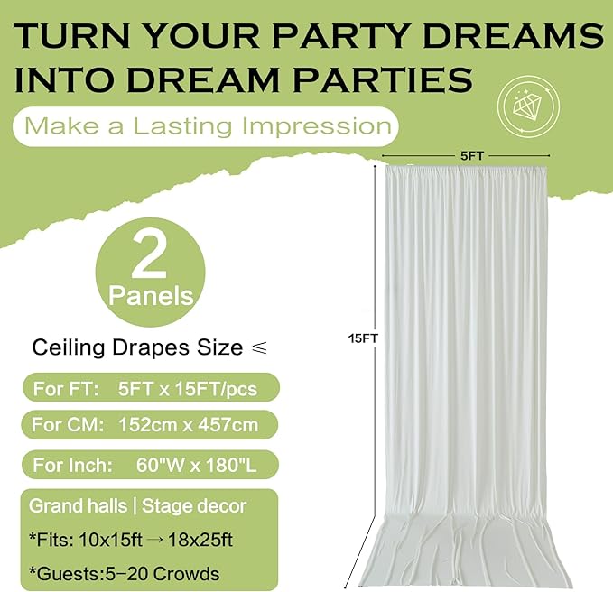 PartyVillage 10ft×15ft Ivory Backdrop Curtain for Wedding Parties, 2 Panels Wrinkle Free 15 FT Long Polyester Photo Backdrop Drapes Back Drop Cloth for Birthday Photography Background