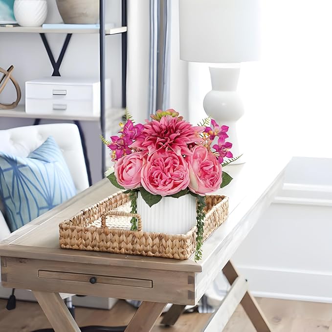 Briful 13" Faux Flower Arrangement in White Ceramic Vase – Pink Artificial Peony & Dahlia Silk Flower Centerpiece with Succulent Fake Potted Flowers for Home Office Tabletop Wedding Decor