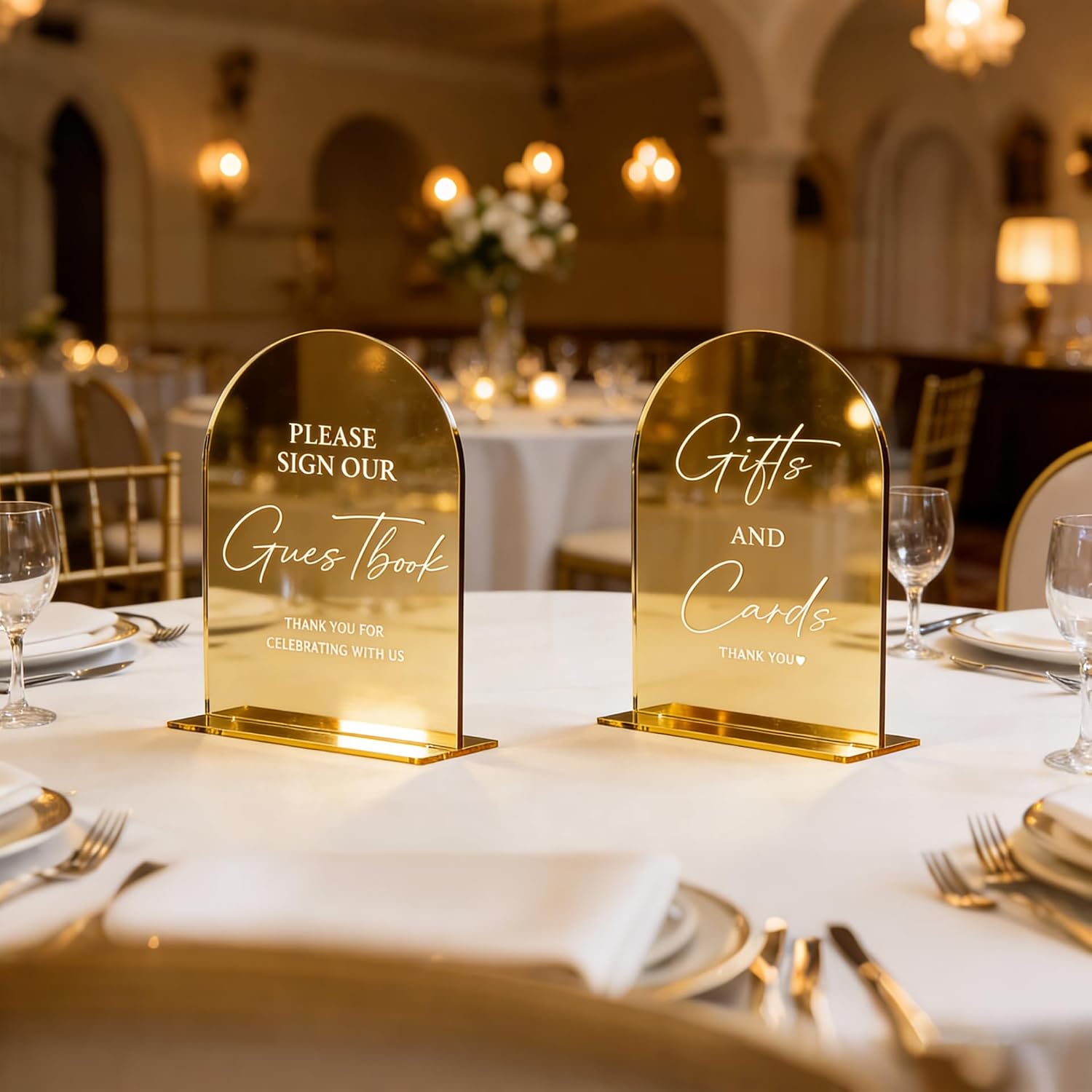 Acrylic Signs with Stand, 5x7 inch Gold mirror, Arched Wedding Table Signs and Base, 1/8" Thick Arch TableTop for Wedding Reception & Event Party Table (Cards and Gifts Sign and Guest Book Sign)