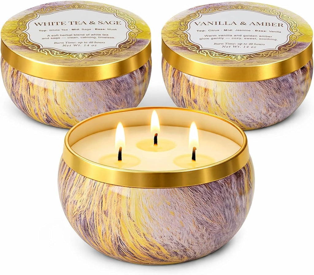 YMing 3-Wick Candle Gift Set, 3 Pack, 14 oz Each, Scented Candles for Home, White Tea & Sage, Vanilla & Amber, Cashmere Cedar
