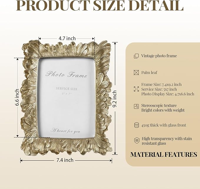 Cuspin Gold 5x7 Picture Frame, Vintage Gold Palm Leaves Textured Hand-Crafted Resin with Glass Front Elegant Retro Vintage Design Photo Frame for Wall and Tabletop Display Home Decor