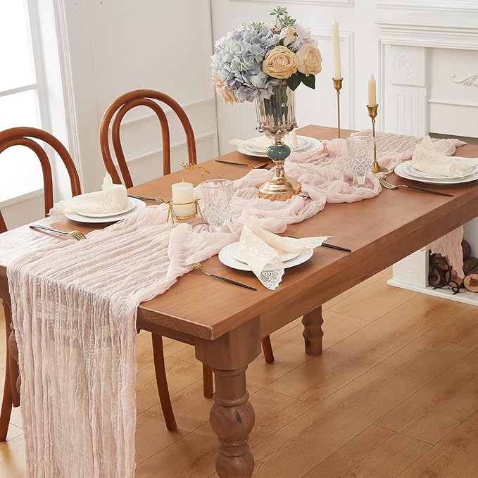 Dusty Pink 2 Pack Cheesecloth Table Runner 120 Inch 10 FT Boho Rustic Gauze for Wedding Baby Shower Party Farmhouse Summer Home Decor Washable