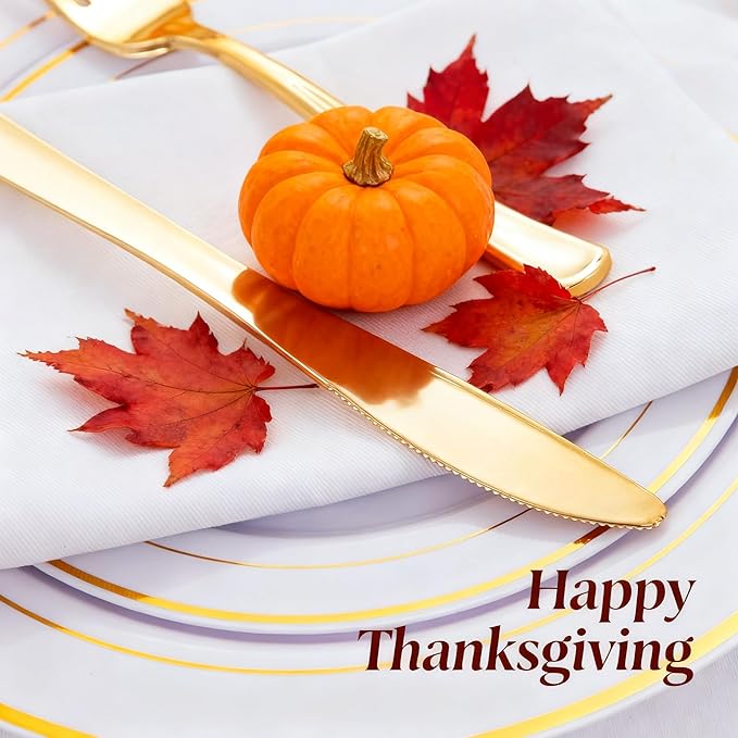 WDF 120 Pieces Gold Plastic Silverware - Disposable Flatware Set - Heavy Duty Thanksgiving Plastic Cutlery - Silverware Includes 40 Forks, 40 Spoons, 40 Knives