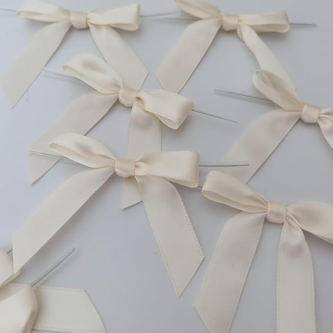 50pcs 2-1/2" Mini Satin Ribbon Bows with Twist Ties for Crafts Gift Wrapping Packing Christmas Decoration (2.5"-Ivory)
