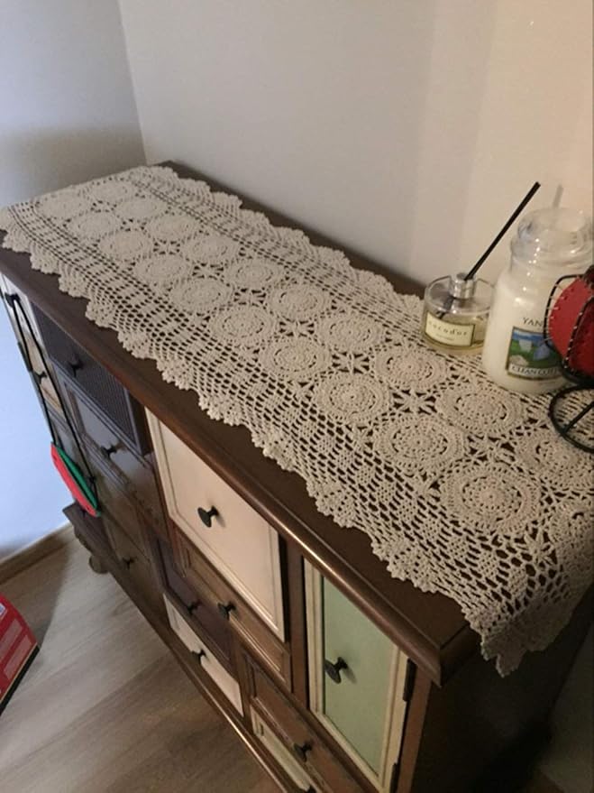 Cotton Handmade Crochet lace Table Runners Oval Tablecloth Doilies Doily Table Dresser Scarf Décor,15x27 inch,Beige