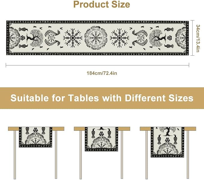 Ancient Abstract Pattern Table Runner, Tree of Life Eagle Dragon Boat Rudder Black and White Table Runner 13x108 Inch