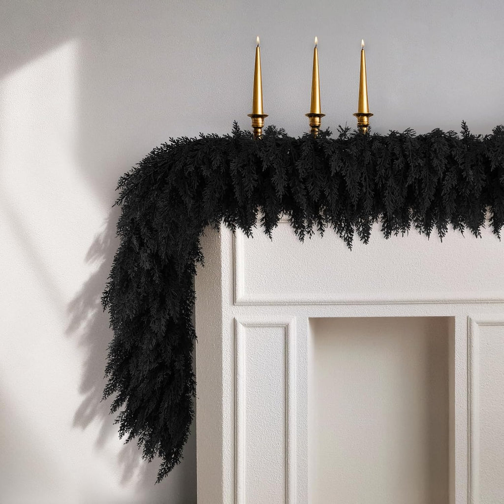 9 ft halloween cedar garland, black real touch, front angle view