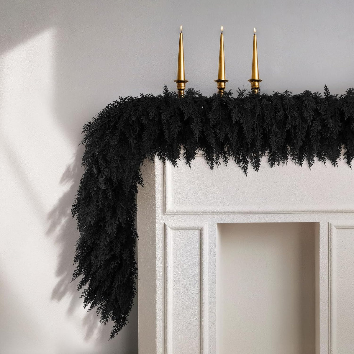 9 ft halloween cedar garland, black real touch, front angle view