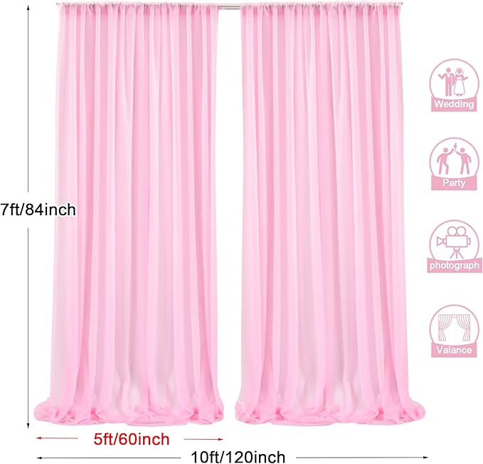 PARTISKY 10x7ft Pink Chiffon Backdrop Curtains, Wrinkle-Free Sheer Fabric Photo Drapes for Wedding Ceremony Arch Birthday Baby Shower Photography Stage Decor 5x7ft, 2 Panel