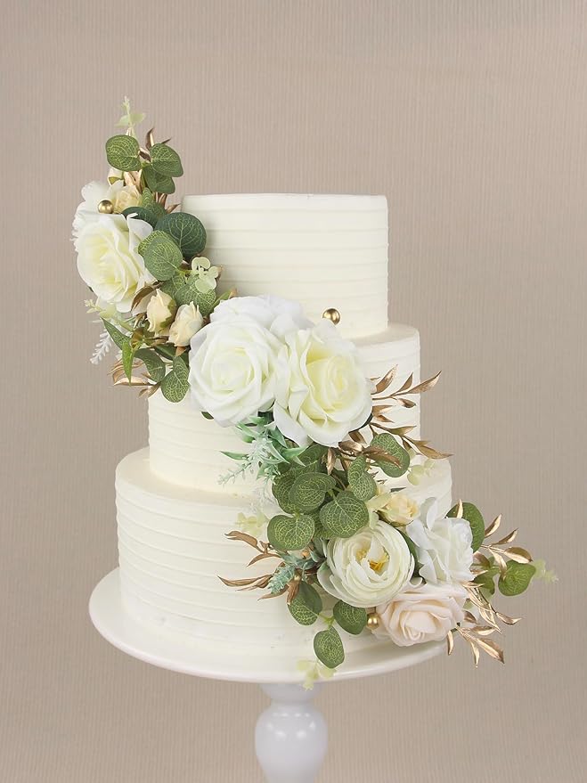 Rinlong 3Pcs Pre-made Cake Toppers Flowers Cake Decorations Wedding Cake Decorating Flowers Decor Christening Birthday Baptism Baby Shower Party Cake Topper Flower Arrangements White Gold