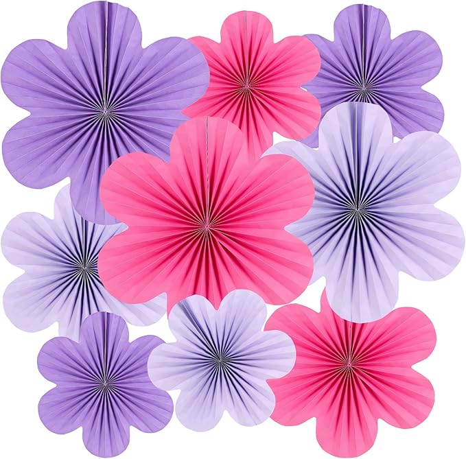 Paper Flowers Decorations for Wall Purple Paper Fans Classroom Decoration Floral Backdrop Decor Fans Hanging Pink Flower Wall Decor, Set of 9