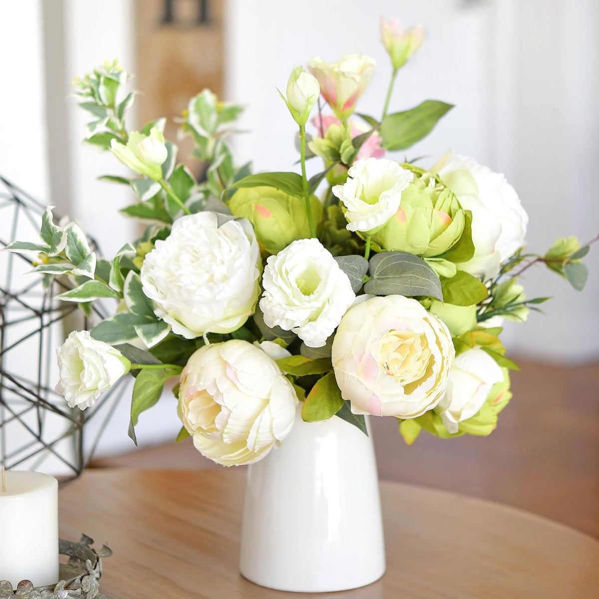 fiveseasonstuff cream beige & moss green artificial peony shown in use
