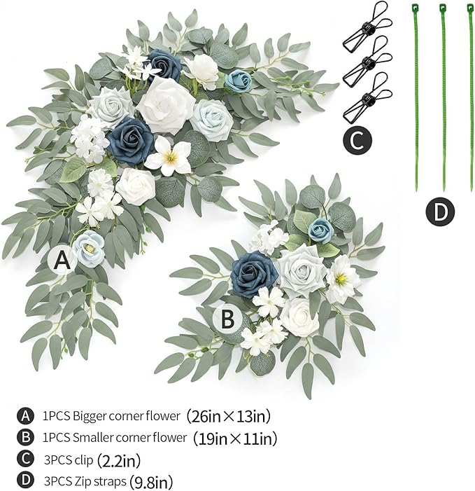Faux Flower Swag Set of 2 for Wedding Welcome Signs Floral Swag Wedding Reception Ceremony Signs Decor (A-White Blue)
