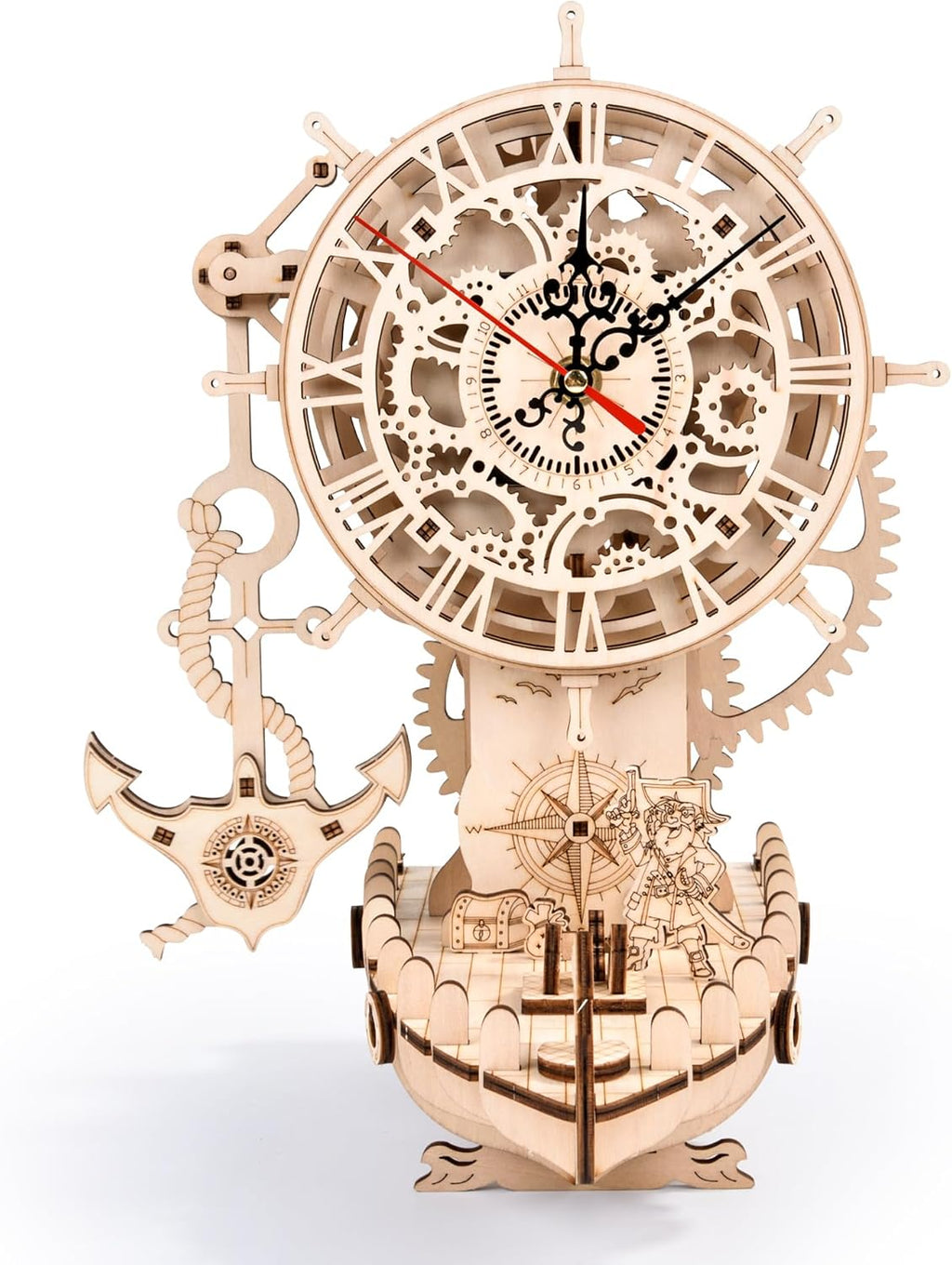 3d wooden puzzle mechanical clock – pirate ship, main product view