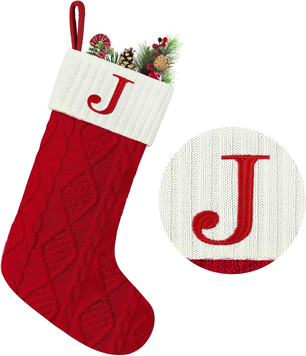 Senneny Christmas Stockings with Initials, 20” Large Embroidered Monogram Knitted Stockings for Family, Kids, Xmas Holiday Party Gifts & Decoration for Fireplace, Letter J
