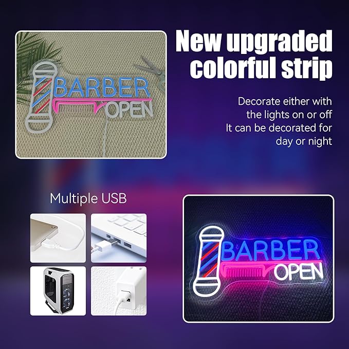Ineonlife Barber Open Neon Sign Accessories Light Up for Wall Decor Modern Led Sign for barbershop Small Acrylic Art Decor for hair salon make up shop Decorations 15.74x14.17 inch USB POWER