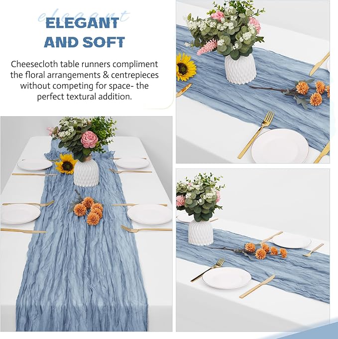 Aktor 12 Pack Dusty Blue Table Runner Boho Cheesecloth Table Runner Semi Sheer Gauze Fabric Runners for Wedding Birthday Baby Shower Party Boho Table Decoration（Dusty Blue）