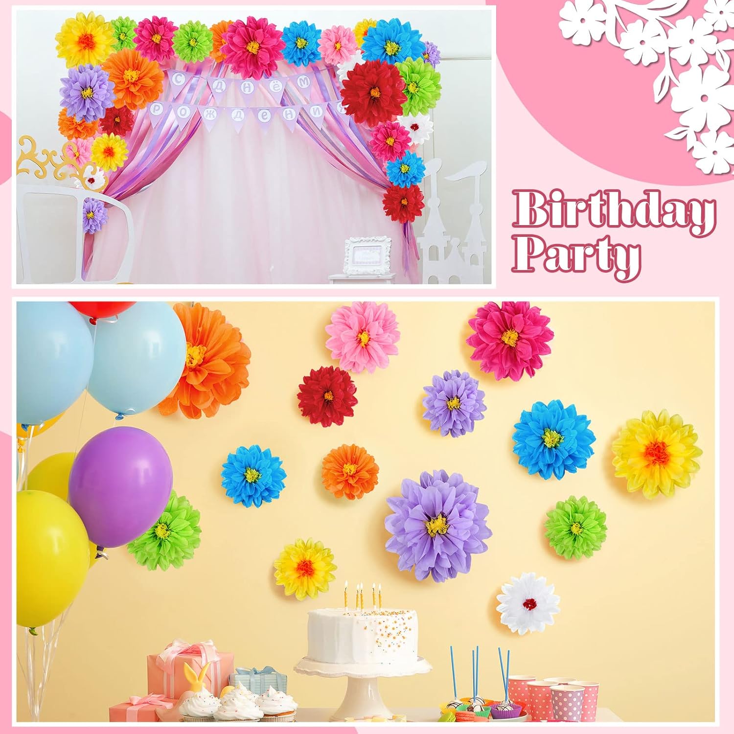 Geyee 27 Pcs Mexican Paper Flowers Fiesta Tissue Paper Flowers Colorful Crepe Flower Mexican Fiesta Party Decorations for Floral Backdrop Carnival Wedding Birthday Party Craft Wall Decor (8" 10" 12")