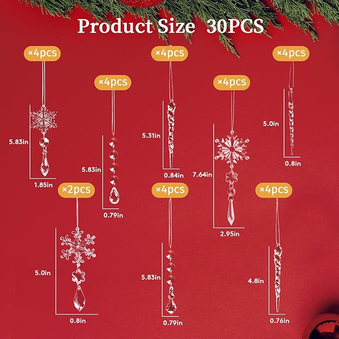 30pcs Christmas Ornaments Set for Tree- Hanging Acrylic Crystal Snowflake Icicle Drop Christmas Decorations for Winter Christmas Tree New Year Party Supplies