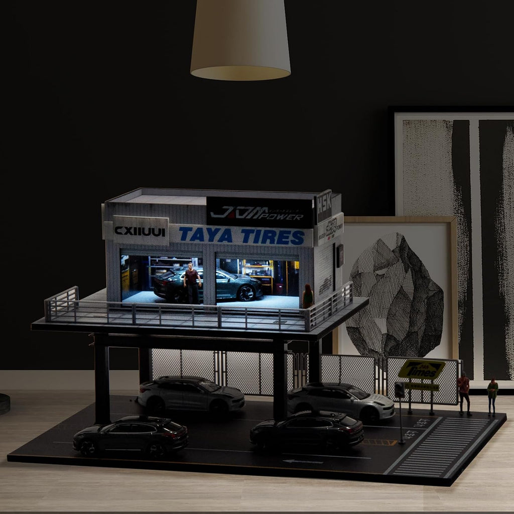 1/64 scale car repair scene model garage display showing dimensions