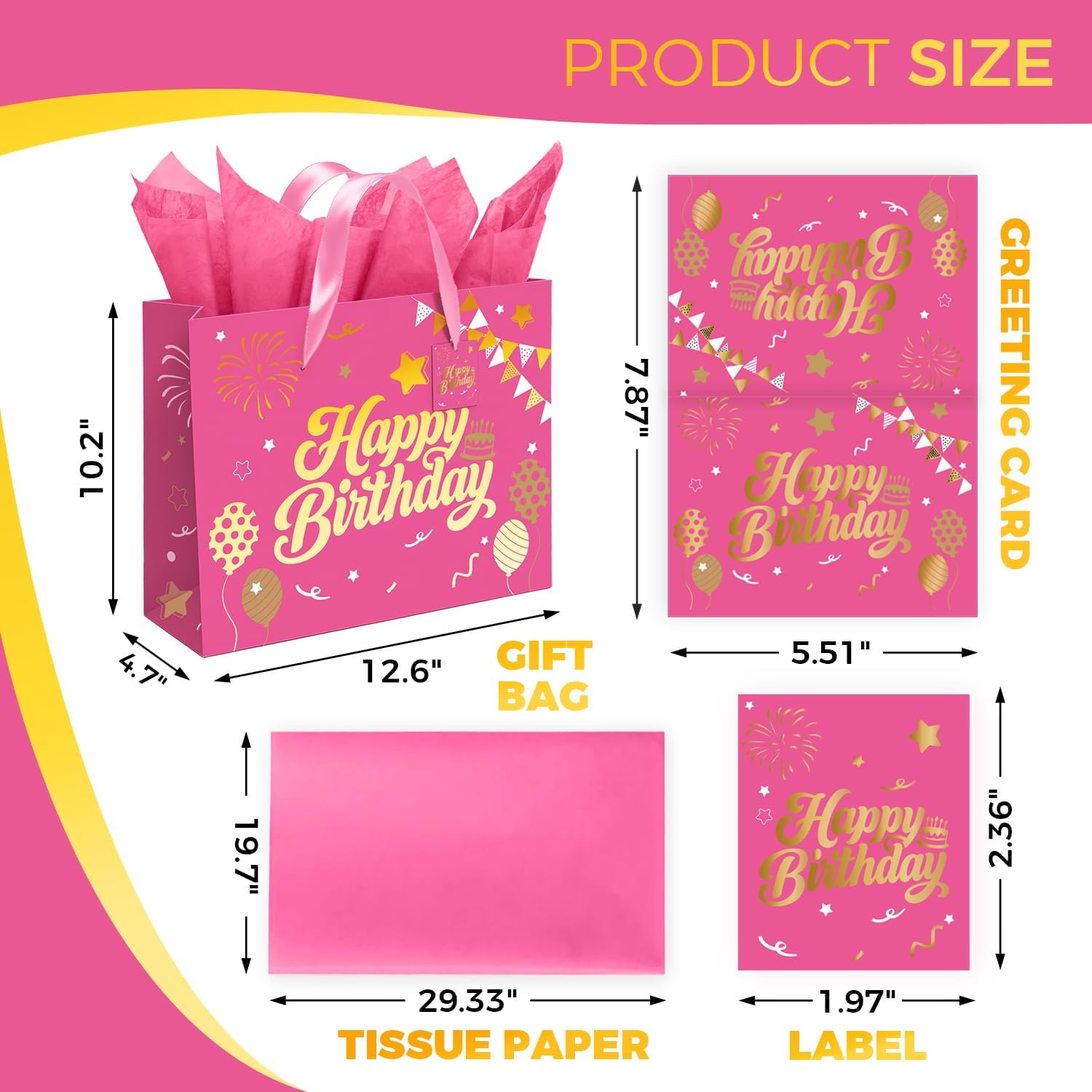 13” Pink Birthday Gift Bag with Tissue Paper and Greeting Card, Happy Birthday Gift Bags for Party, Hot Foil Stamping Design Gift Wrap Bags Decor for Women and Kids, 1 PCS, Medium Size