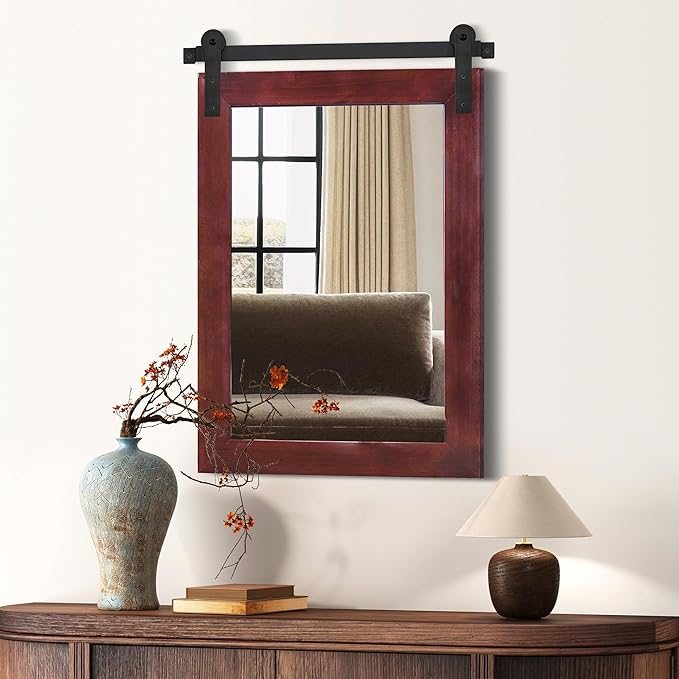 COGOOD Farmhouse Barn Door Mirror - 21 x 30 Rustic Wood Framed Wall Mirror for Bathroom, Living Room, Entryway Wall Decor (Espresso)