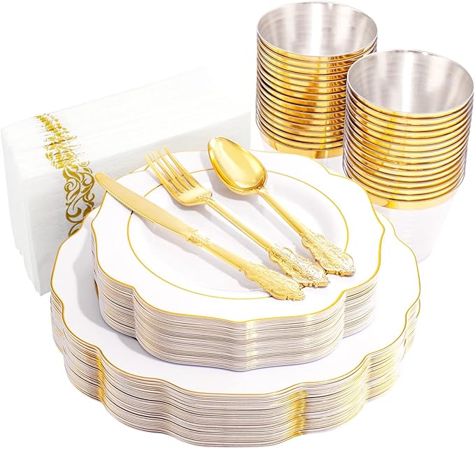 NOCCUR 175PCS Gold Plastic Plates with Disposable Silverware - White Gold Plastic Tableware Include 25 Dinner /25 Dessert Plates, 75 Cutlery, 25 Cups, 25 Napkins - Ideal for Fall Party&Thanksgiving