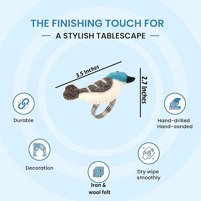 Wool Felt Napkin Ring Set of 8 - Bird Napkin Holder for Dining Table with Silver Electroplated Metal Base - Perfect for Spring, Holiday Parties, Rustic Event (White Blue Grey Black) - CLEENTABLE