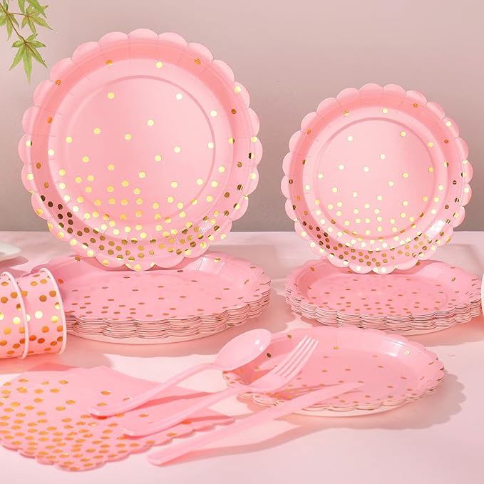 175 Pink Rose Gold Plates Napkins Party Decorations, Pink and Gold Disposable Party Supplies, Plastic Forks Knives Spoons Rose, Golden Dot Paper 9 Inch for Baby Shower Birthday, Severs 25