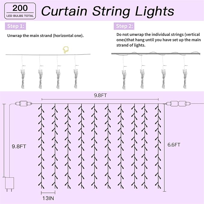 200 LED Rainbow Curtain String Lights 9.8 * 6.6FT Plug in Fairy with Timer and 8 Modes, Waterproof Window Wall Lights for Bedroom Wedding Party Indoor Outdoor Christmas Decor