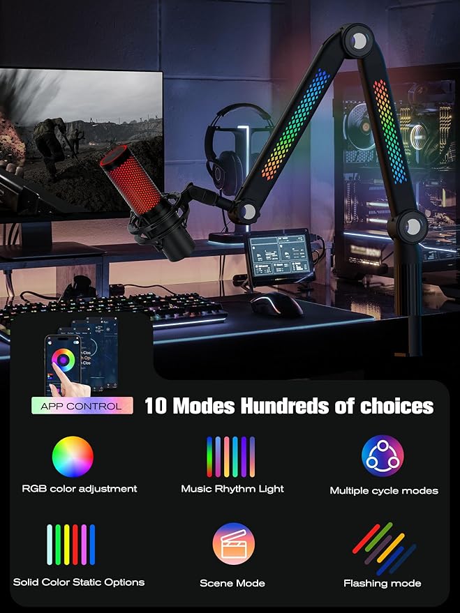 SUNMON RGB Mic Arm – Adjustable Boom Arm with Rhythm RGB Lighting for Blue Yeti, HyperX QuadCast, Rode, Fifine AM8, and More – Perfect for Podcasting, Streaming, and Gaming