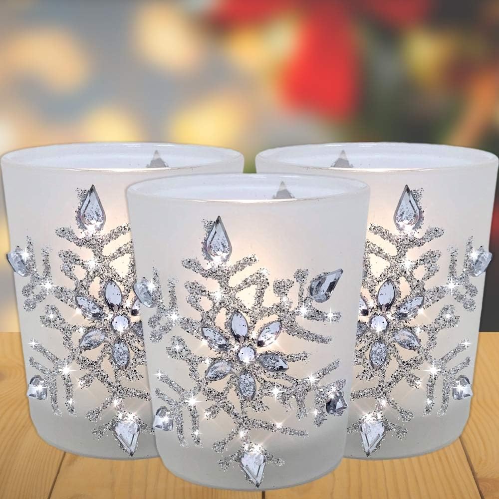 Snowflake Candle Holders with LED Candles, Set of 3 – Lighted Frosted Glass Votive Holders with Glitter Snowflakes and Jewel Accents – Christmas Table, Mantel and Holiday Decor – 2.75 Inch