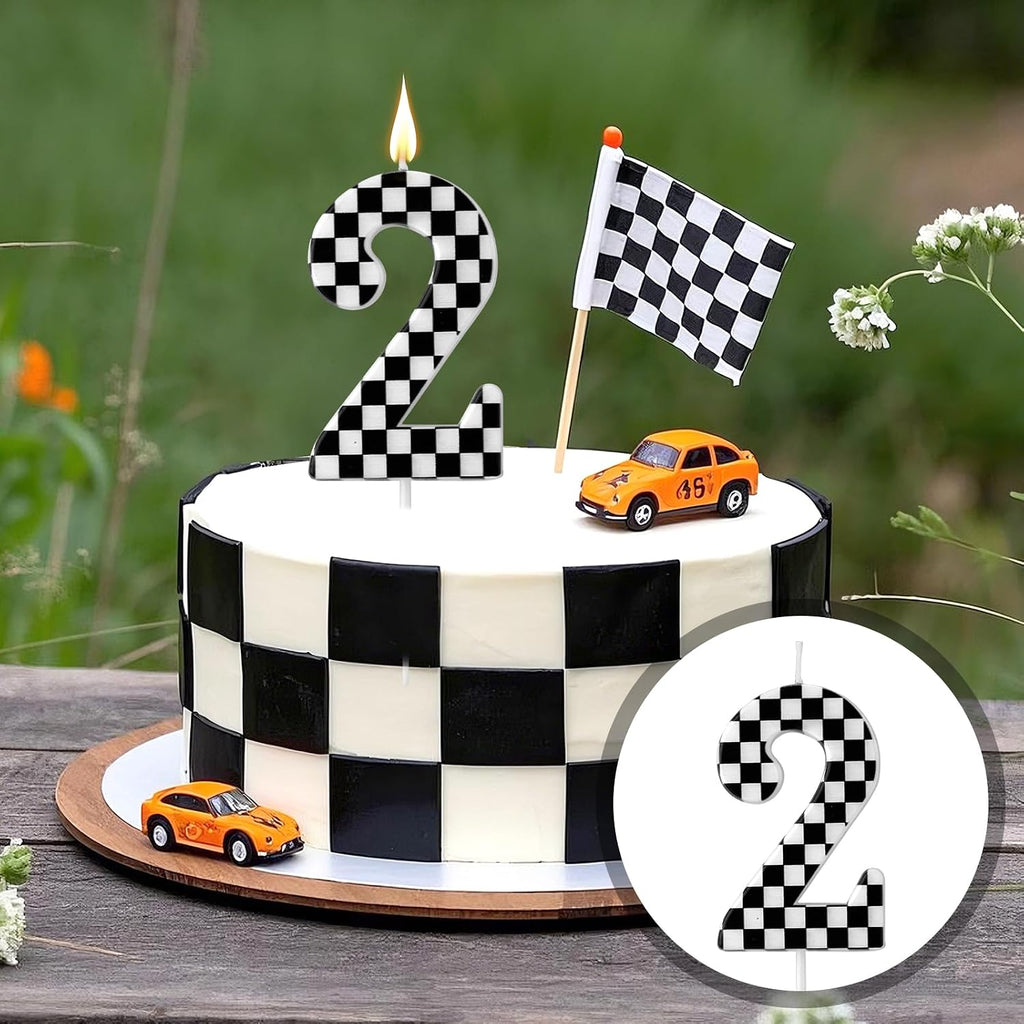 Racing Cars Themed Birthday Candle, Checkered Flag Number Candles Black and White Candles Happy Birthday Cake Topper Party Decorations for Boys Racing Cars Themed Party Supplies (Number 2)