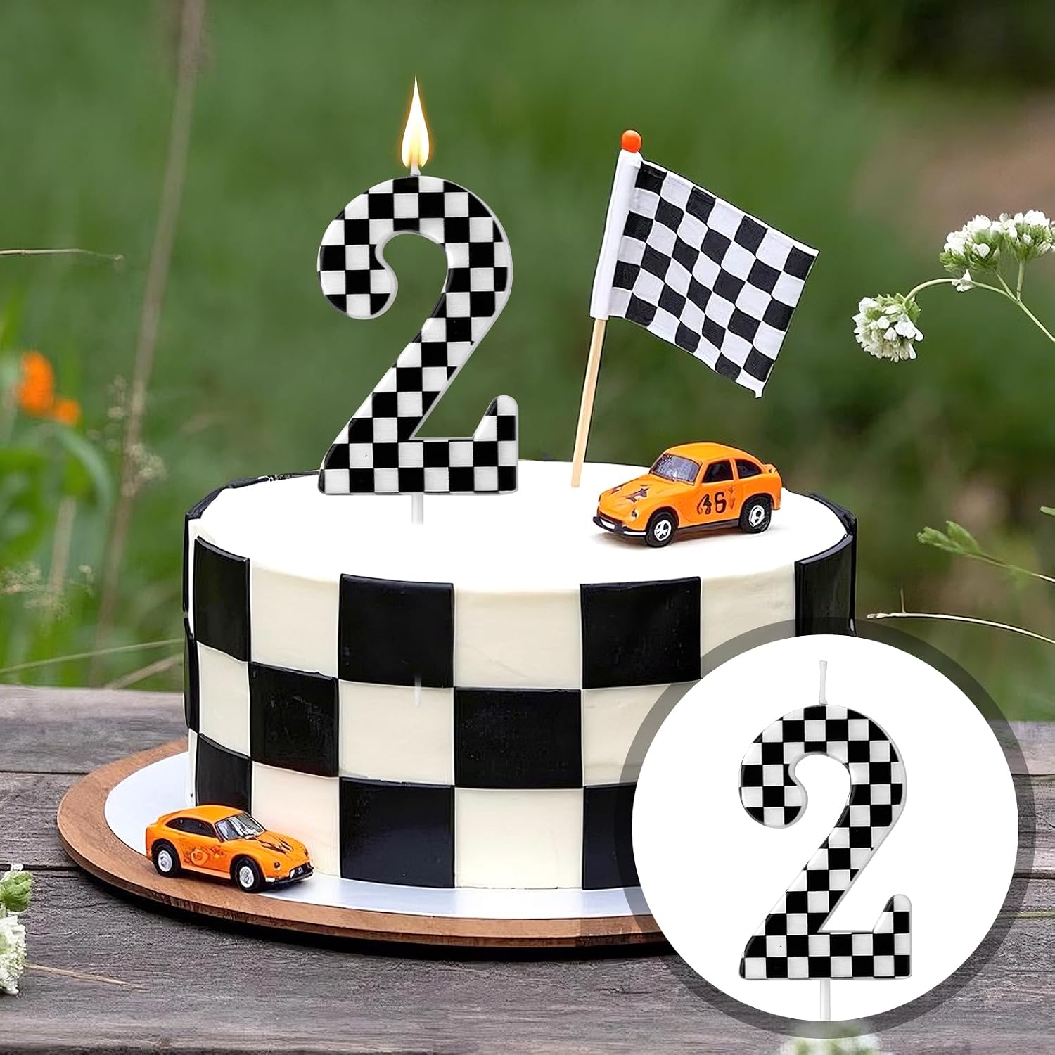 Racing Cars Themed Birthday Candle, Checkered Flag Number Candles Black and White Candles Happy Birthday Cake Topper Party Decorations for Boys Racing Cars Themed Party Supplies (Number 2)