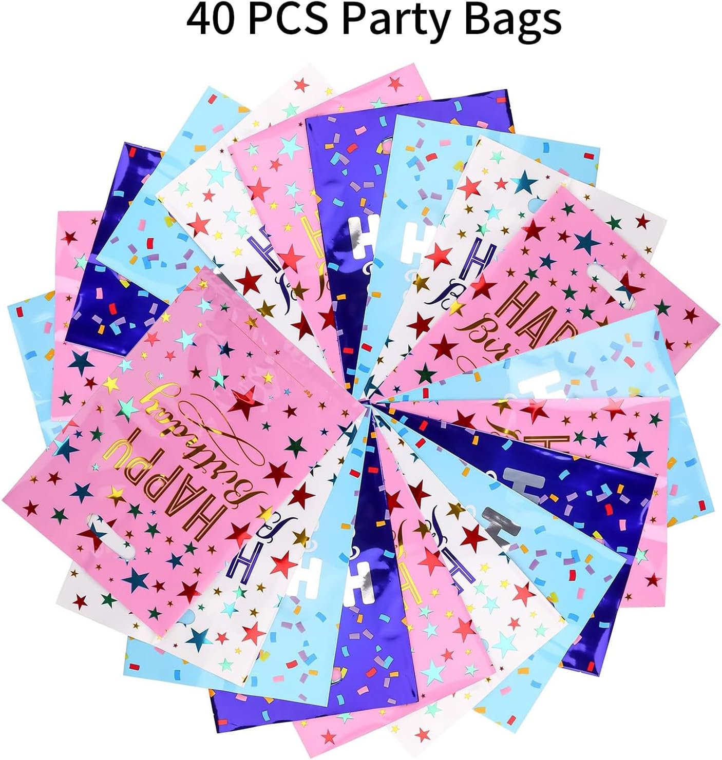 PintreeLand Happy Birthday Party Favor Bags 40 PCS, Plastic Goodies Loot Gift Bags Bulk for Kids Baby Girls & Boys Birthday Party Supples (B Style 40 Packs)