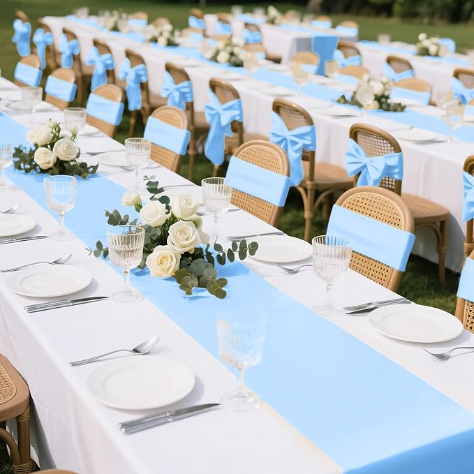 SHEJIZE 10 Pack Light Blue Satin Table Runner 12x108 Inches Long, Bright Silky Smooth Satin Table Runner Table Decor for Wedding Banquet Christmas Prom Event Birthday Party